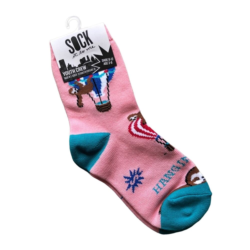 Sock It To Me Pink Hang In There Hot Air Balloon Sloth Youth Novelty Crew Socks